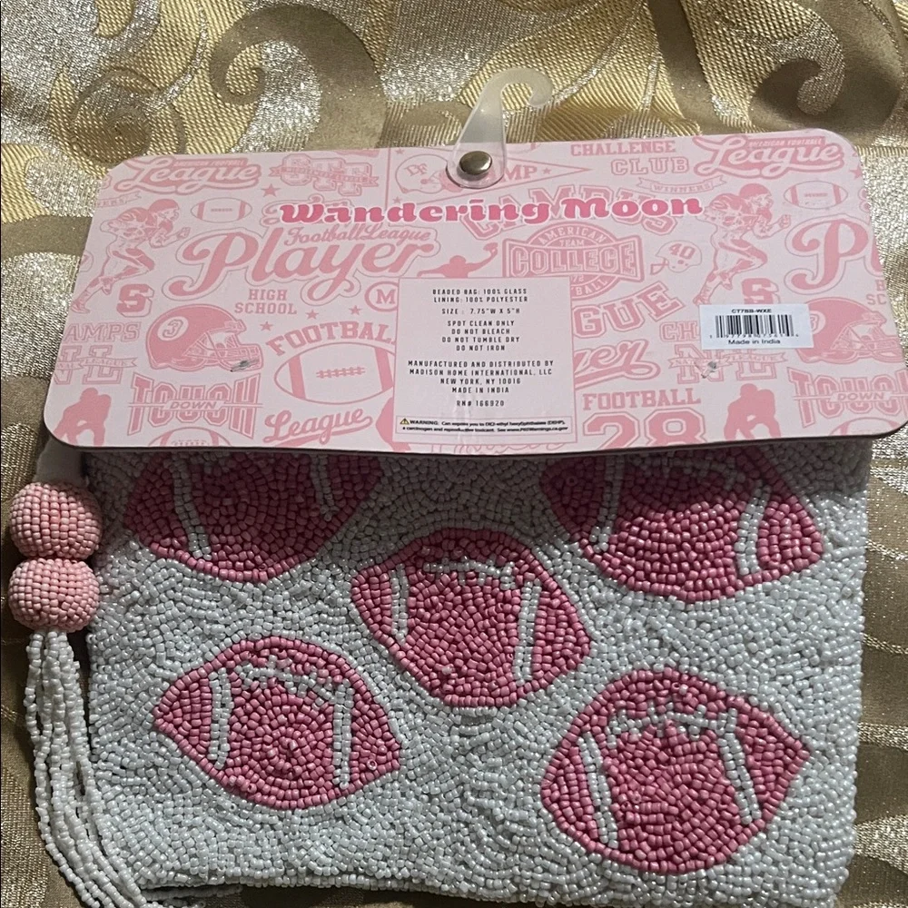 Wandering Moon Handmade football beaded travel pouch Pink Game Day NWT